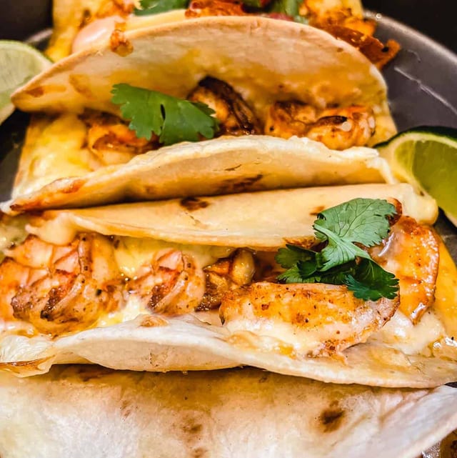 TWO PINEAPPLE, MOZZARELLA SHRIMP TACOS.