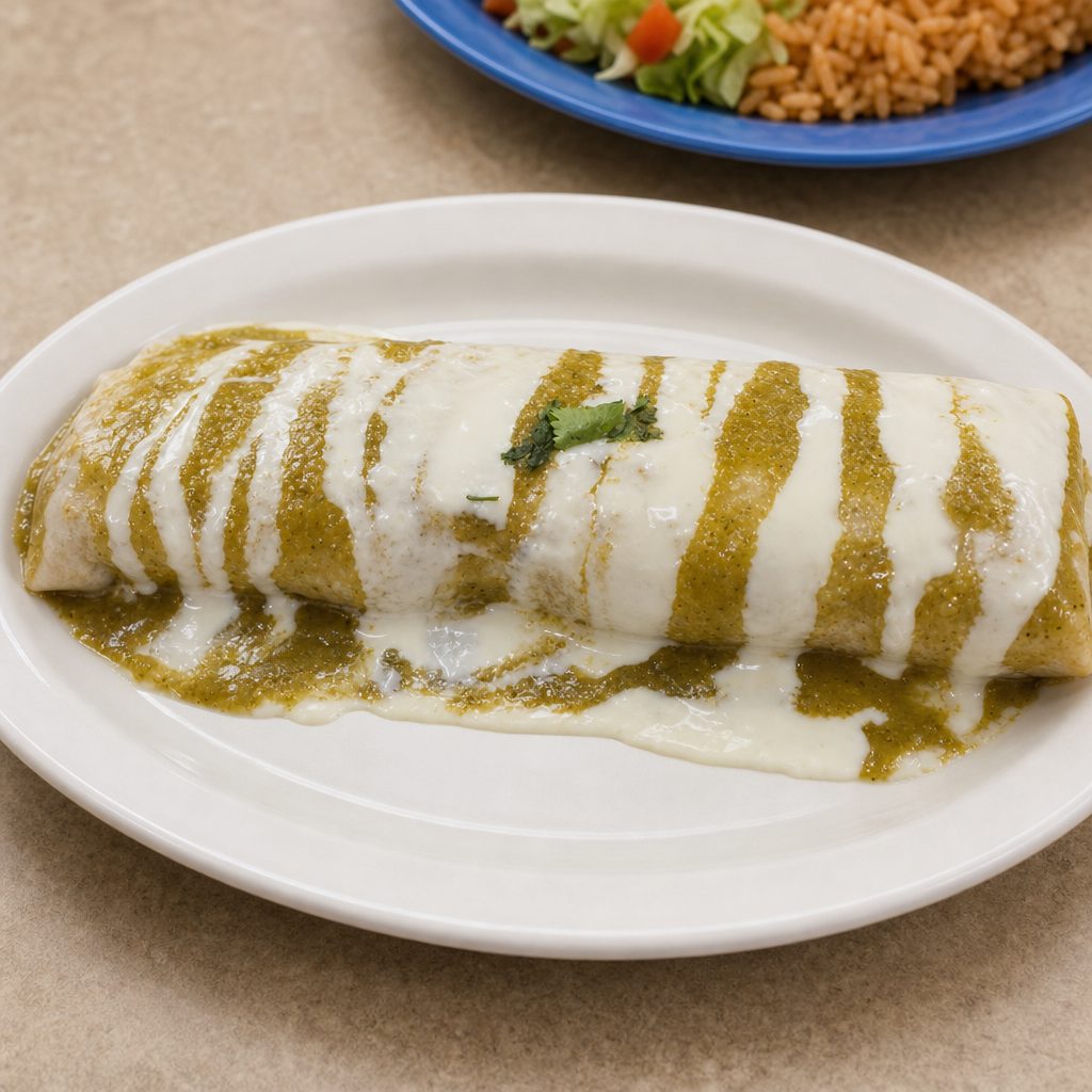 Green Sauce N Cheesedip Wet Burrito.